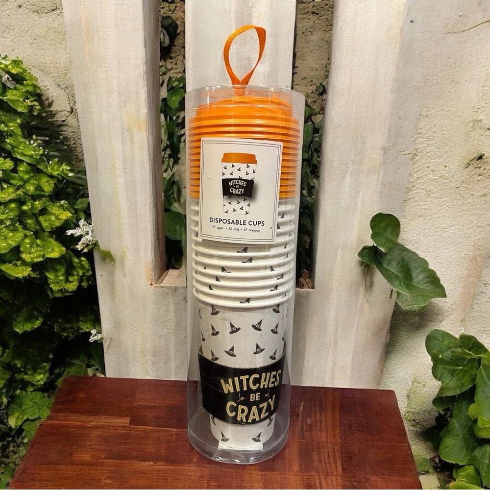 Witches Be Crazy Set of 12 Disposable Hot Beverage Cups, Lids, & Sleeves NWT